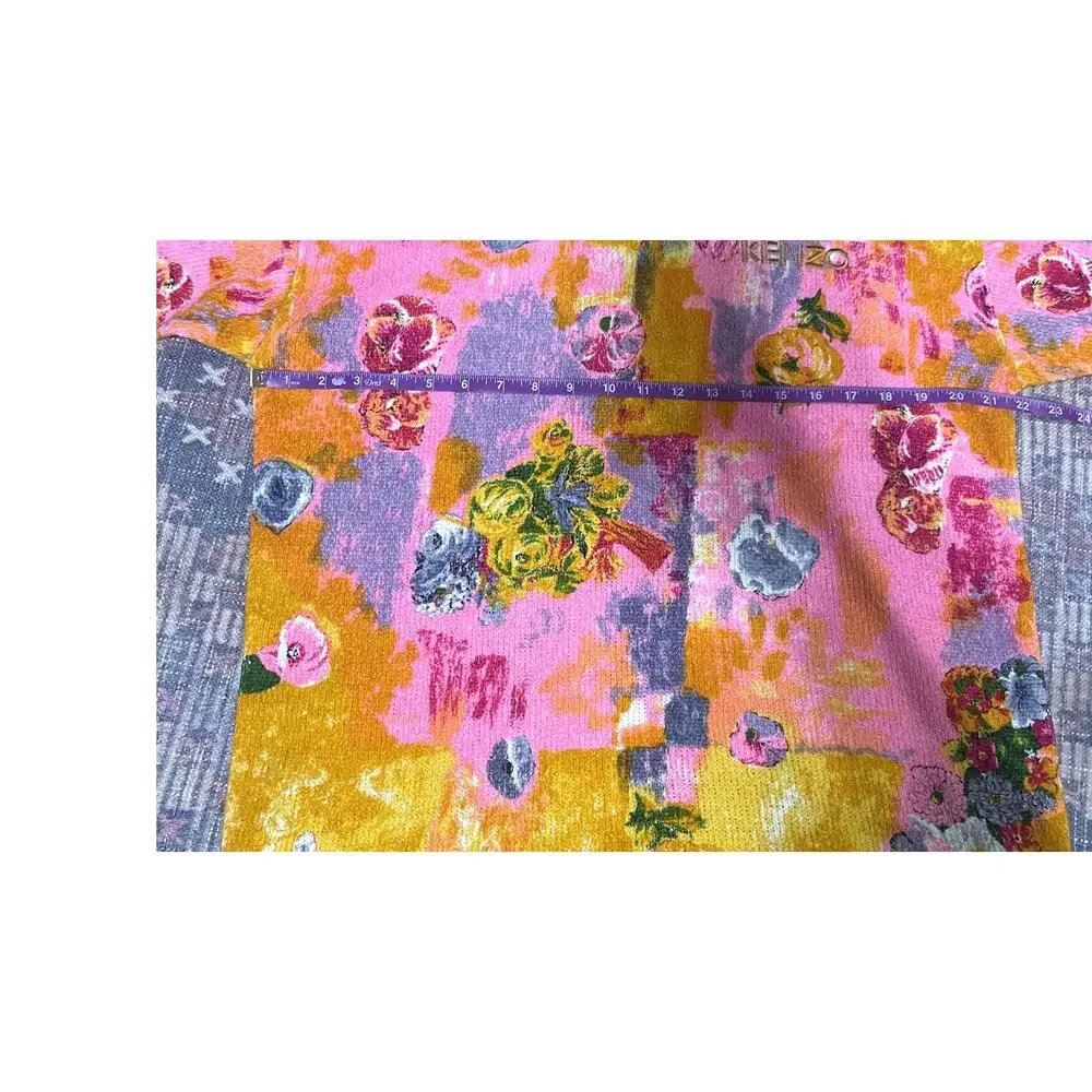 VTG 90s Kenzo Golf Intarsia Knit Sweater Floral Spellout Pink Orange Neon size 2